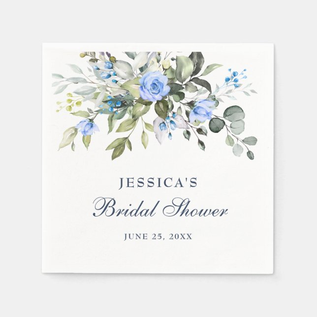 Elegant Eucalyptus Blue Roses Floral Bridal Shower Napkins (Front)