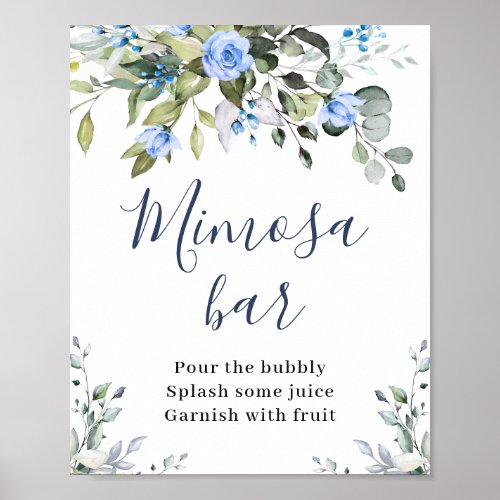 Elegant Eucalyptus Blue Roses Floral Mimosa Bar Poster