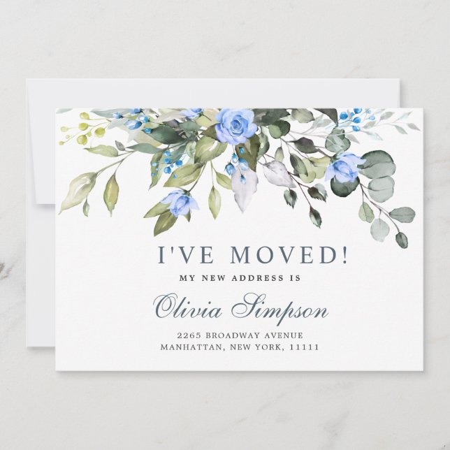 Elegant Eucalyptus Blue Roses Floral Moving Announcement (Front)