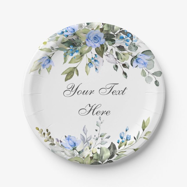 Elegant Eucalyptus Blue Roses Floral Party Paper Plates (Front)