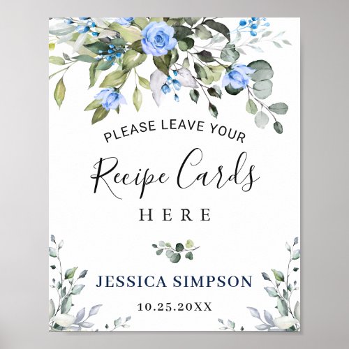 Elegant Eucalyptus Blue Roses Floral Recipe Cards Poster