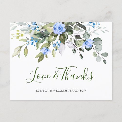 Elegant Eucalyptus Blue Roses Floral Thank You Postcard