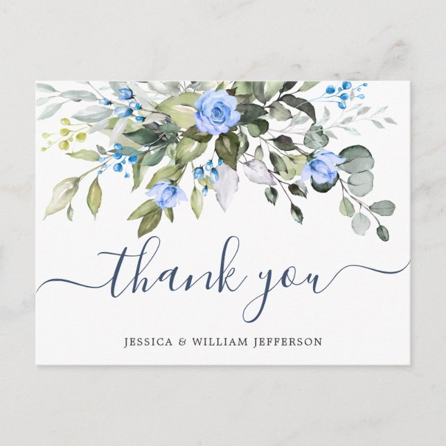 Elegant Eucalyptus Blue Roses Floral Thank You Postcard (Front)