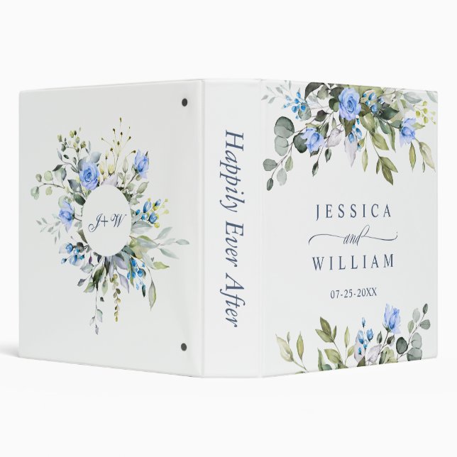 Elegant Eucalyptus Blue Roses Floral Wedding 3 Ring Binder (Background)