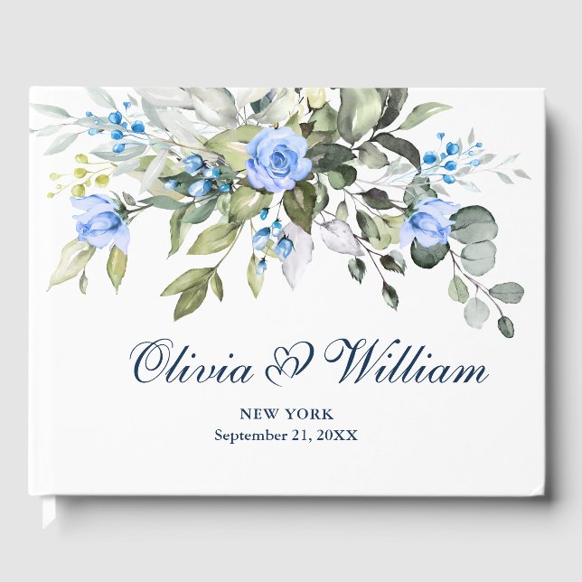 Elegant Eucalyptus Blue Roses Floral Wedding Guest Book (Front)