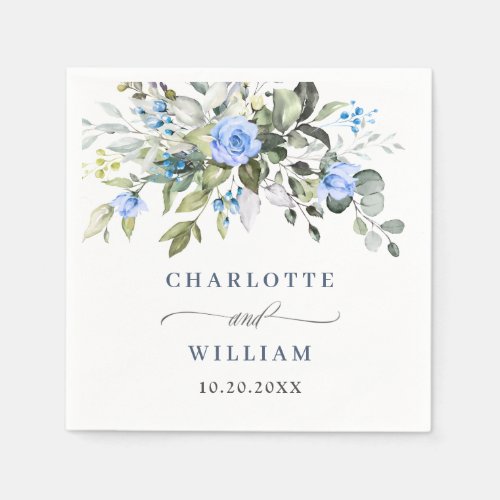 Elegant Eucalyptus Blue Roses Floral Wedding Napkins