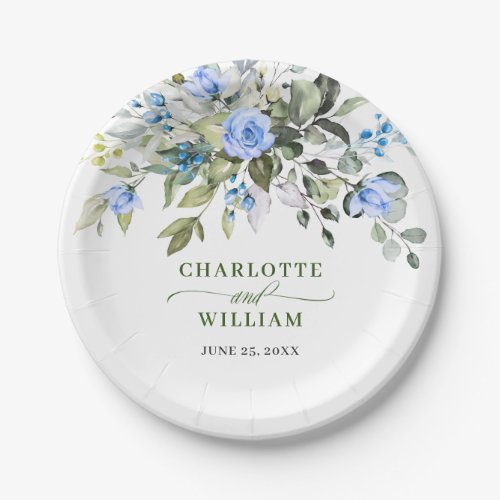 Elegant Eucalyptus Blue Roses Floral Wedding Paper Plates