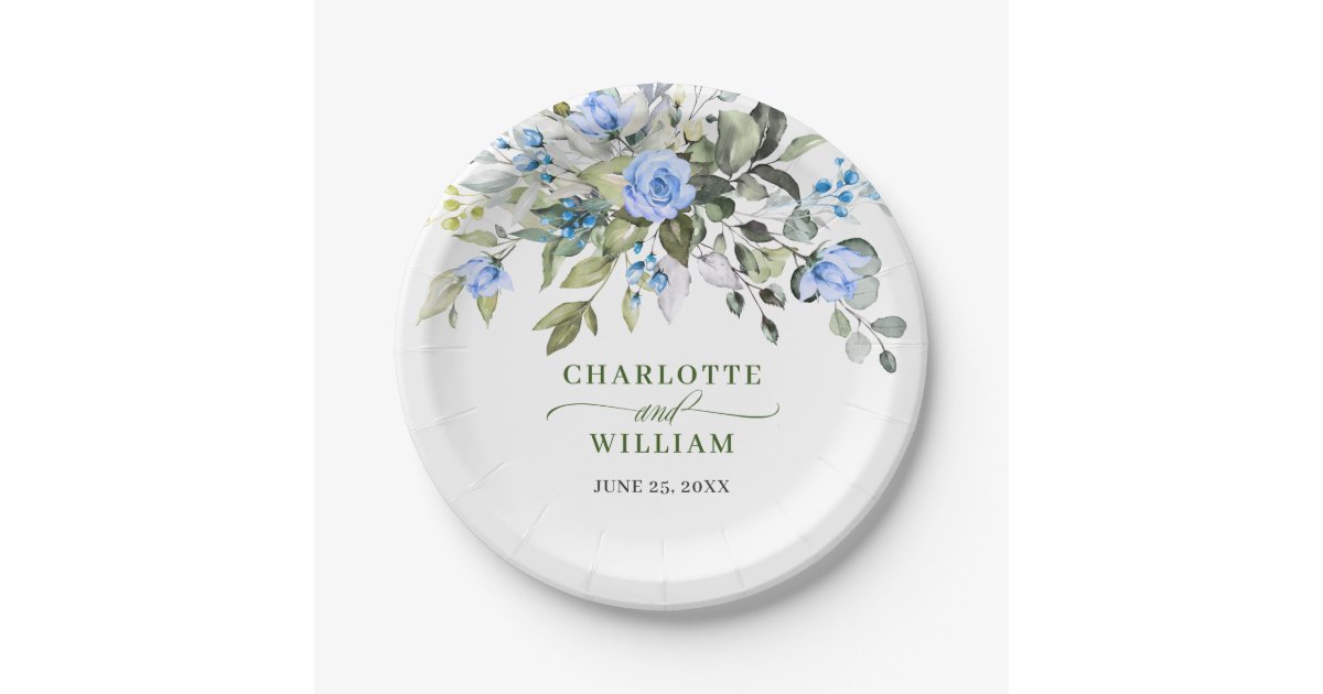 Elegant Eucalyptus Blue Roses Floral Wedding Paper Plates | Zazzle