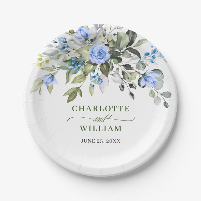 Elegant Eucalyptus Blue Roses Floral Wedding Paper Plates (Front)