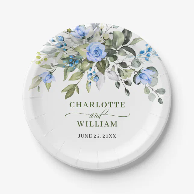 Elegant Eucalyptus Blue Roses Floral Wedding Paper Plates | Zazzle