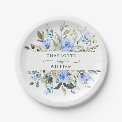 Elegant Eucalyptus Blue Roses Floral Wedding Paper Plates