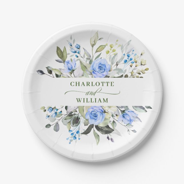 Elegant Eucalyptus Blue Roses Floral Wedding Paper Plates (Front)