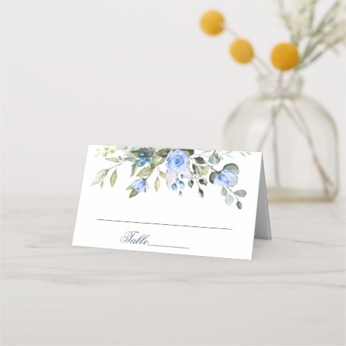 Elegant Eucalyptus Blue Roses Floral Wedding Place Card