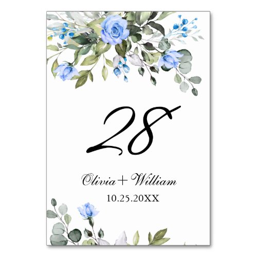 Elegant Eucalyptus Blue Roses Floral Wedding Table Number