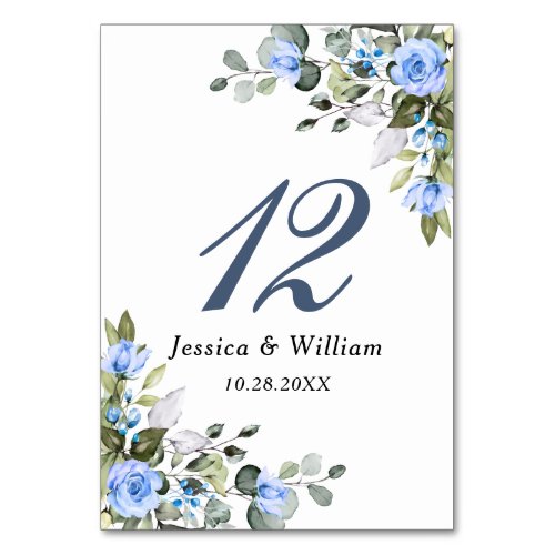 Elegant Eucalyptus Blue Roses Floral Wedding Table Number