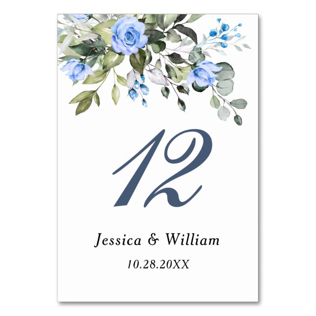 Elegant Eucalyptus Blue Roses Floral Wedding Table Number (Front)