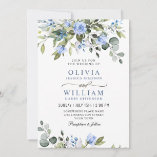 Elegant Eucalyptus Blue Roses Greenery Wedding Inv Invitation