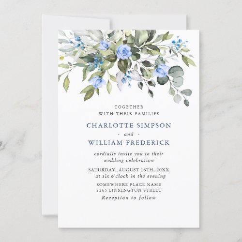 Elegant Eucalyptus Blue Roses Greenery Wedding Invitation