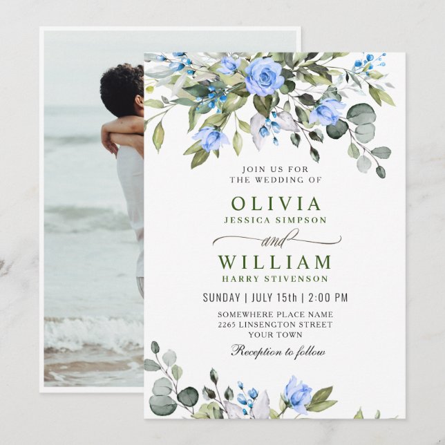 Elegant Eucalyptus Blue Roses Greenery Wedding Invitation (Front/Back)