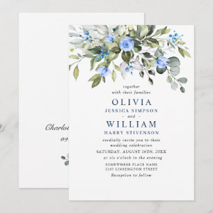 Elegant Eucalyptus Blue Roses Greenery Wedding Invitation