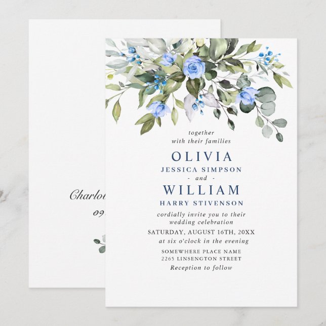 Elegant Eucalyptus Blue Roses Greenery Wedding Invitation (Front/Back)