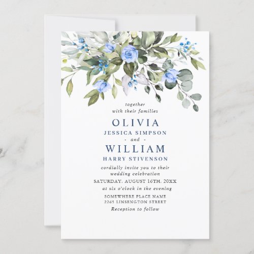 Elegant Eucalyptus Blue Roses Greenery Wedding Invitation