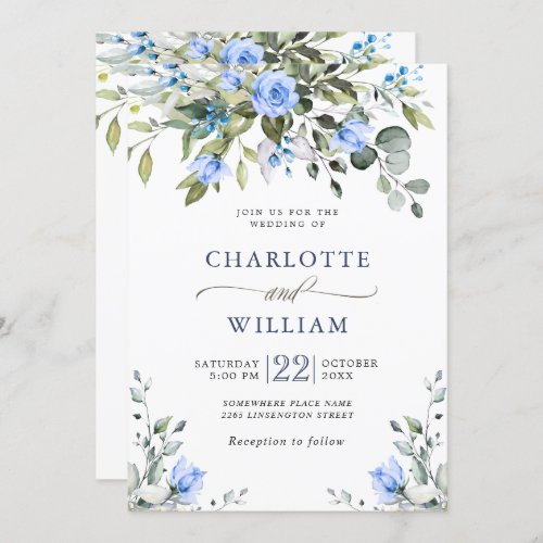 Elegant Eucalyptus Blue Roses Greenery Wedding Invitation