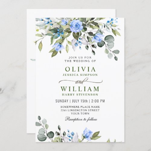 Elegant Eucalyptus Blue Roses Greenery Wedding Invitation