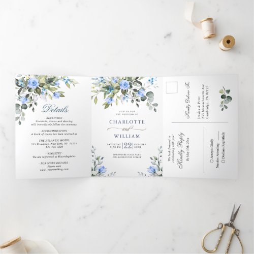 Elegant Eucalyptus Blue Roses Greenery Wedding Tri_Fold Invitation