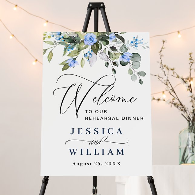Elegant Eucalyptus Blue Roses REHEARSAL DINNER Foam Board (Custom sign template foam board print.)