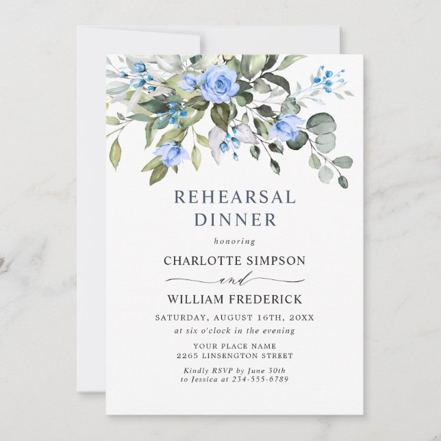 Elegant Eucalyptus Blue Roses REHEARSAL DINNER Invitation (Front)