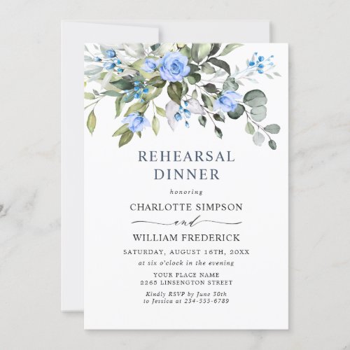 Elegant Eucalyptus Blue Roses REHEARSAL DINNER Invitation
