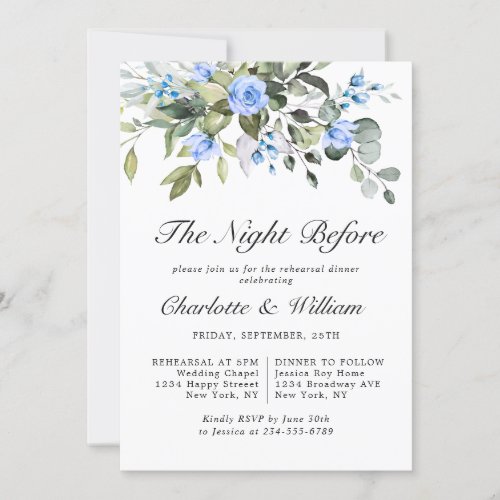 Elegant Eucalyptus Blue Roses REHEARSAL DINNER Invitation