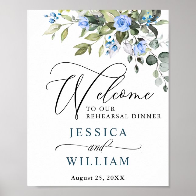 Elegant Eucalyptus Blue Roses Rehearsal Dinner Poster (Front)