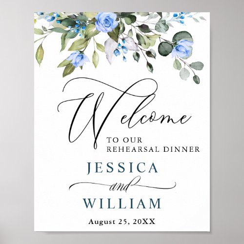 Elegant Eucalyptus Blue Roses Rehearsal Dinner Poster