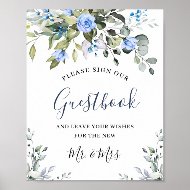 Elegant Eucalyptus Blue Roses Sign Our Guestbook (Front)