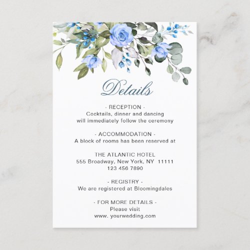 Elegant Eucalyptus Blue Roses Wedding Details Enclosure Card