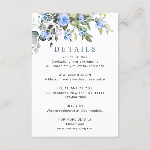 Elegant Eucalyptus Blue Roses Wedding Details Enclosure Card