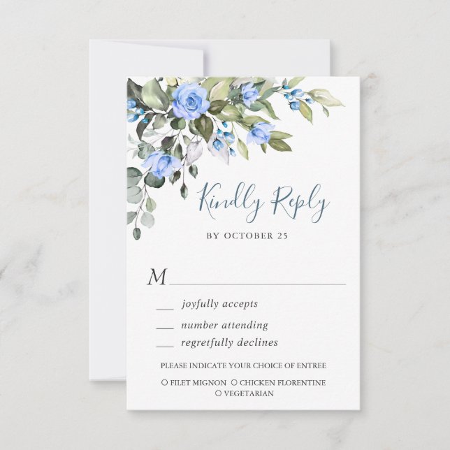 Elegant Eucalyptus Blue Roses Wedding Floral RSVP Card (Front)