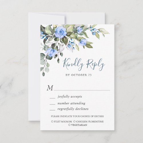 Elegant Eucalyptus Blue Roses Wedding Floral RSVP Card