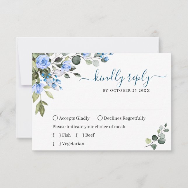 Elegant Eucalyptus Blue Roses Wedding Floral RSVP Card (Front)
