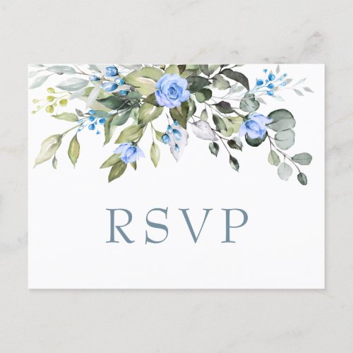 Elegant Eucalyptus Blue Roses Wedding RSVP Floral Postcard