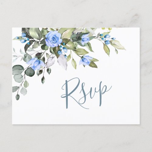 Elegant Eucalyptus Blue Roses Wedding RSVP Postcard