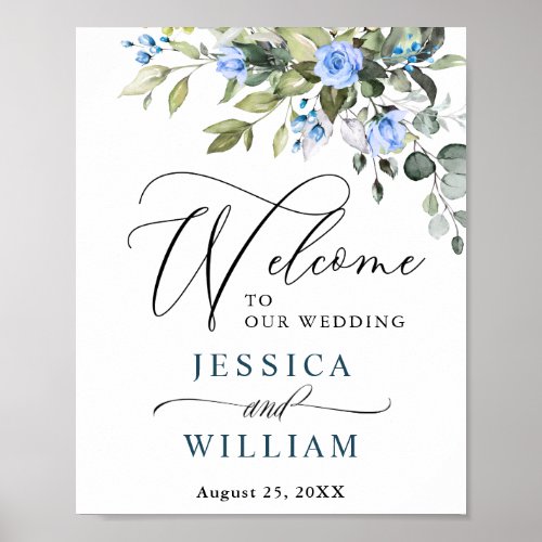 Elegant Eucalyptus Blue Roses Wedding Welcome Poster