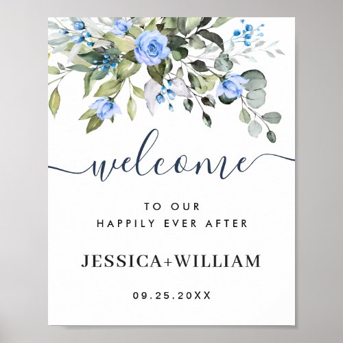Elegant Eucalyptus Blue Roses Wedding Welcome Poster