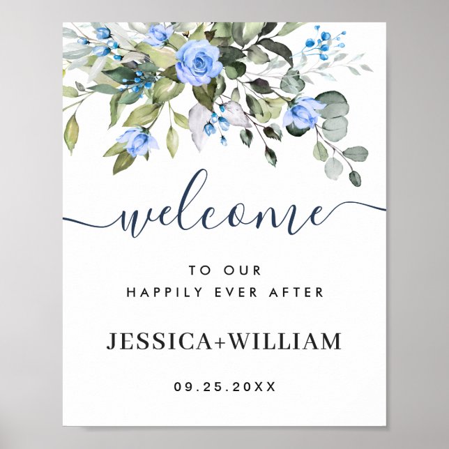 Elegant Eucalyptus Blue Roses Wedding Welcome Poster (Front)