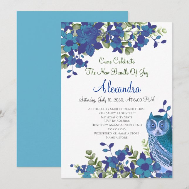 Elegant Eucalyptus Blue Teal Floral Owl (Front/Back)