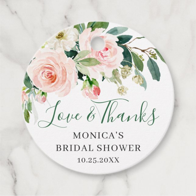 Elegant Eucalyptus Blush Pink Floral Bridal Shower Favor Tags (Front)