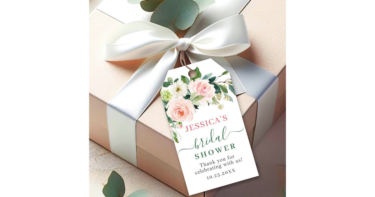 Elegant Eucalyptus Blush Pink Floral Bridal Shower Gift Tags | Zazzle