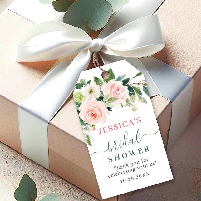 Elegant Eucalyptus Blush Pink Floral Bridal Shower Gift Tags | Zazzle